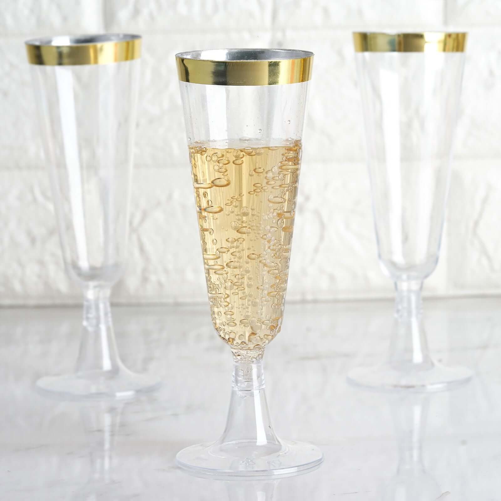 12-Pack Plastic Champagne Flutes 5oz Clear with Gold Rim - Disposable Toasting Glasses with Detachable Base 6"