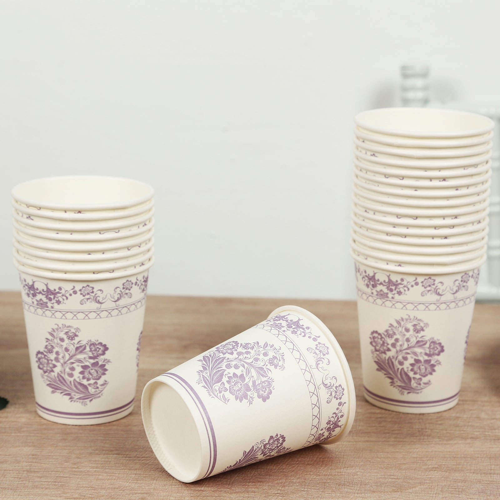24 Pack Paper Cups in White Lavender Damask Floral Pattern, Elegant Disposable Party Cups - 9oz